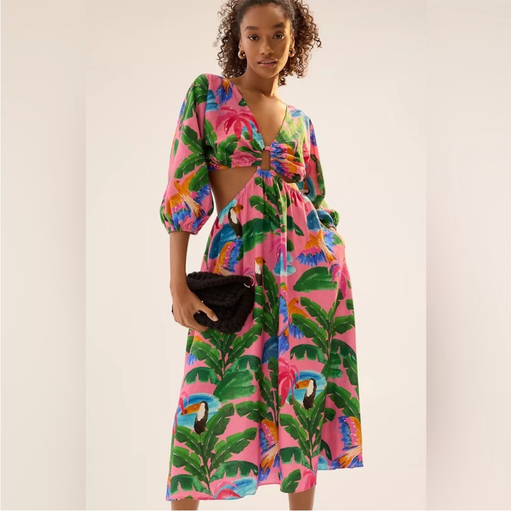 Farm Rio X Anthropologie Printed V-Neck Cutout Dress Color Tropical, M, Nwt